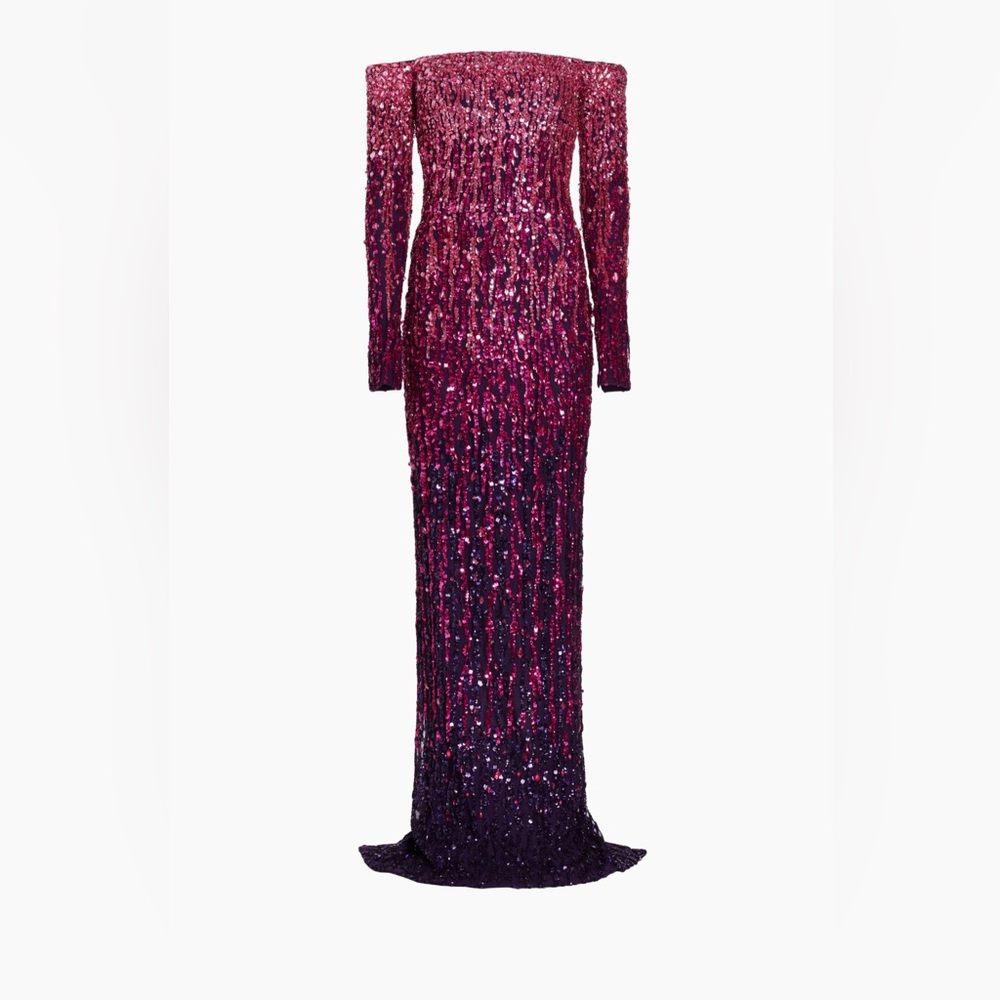 Pamella Roland Ombré Sequined Tulle Off-The-Shoulder Gown